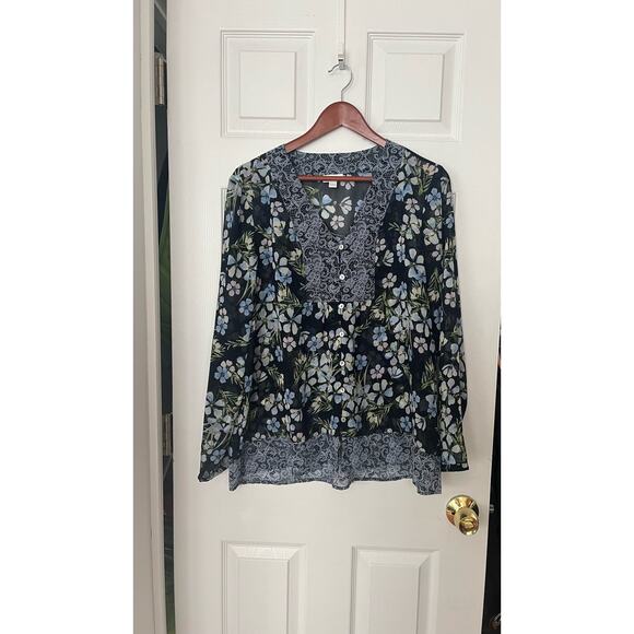 J.Jill Blue Semi Sheer Long Sleeve Floral Boho Blouse Cottagecore sz Large $89 - Picture 12 of 12